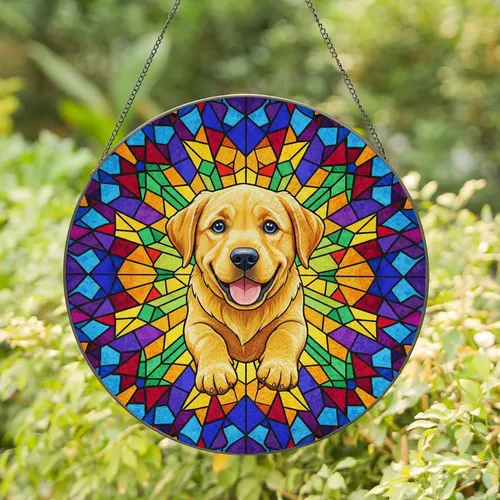 Golden Labrador Puppy Wide Smile Paws Extended - Home Decor Gift for Dog Lover Stained Glass Suncatcher