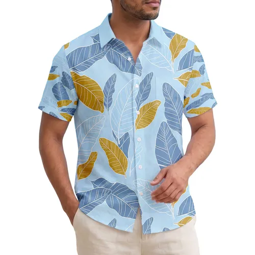 Golden Bronze Light Blue Overlapping Large Tropical Leaves - Island Home Decor Gift Hawaiian Shirt