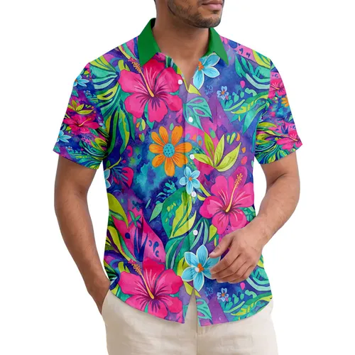 Hibiscus Daisy Blooms Tropical Leaves Tendrils Watercolor Swirls - Tropical Lifestyle Gift Hawaiian Shirt