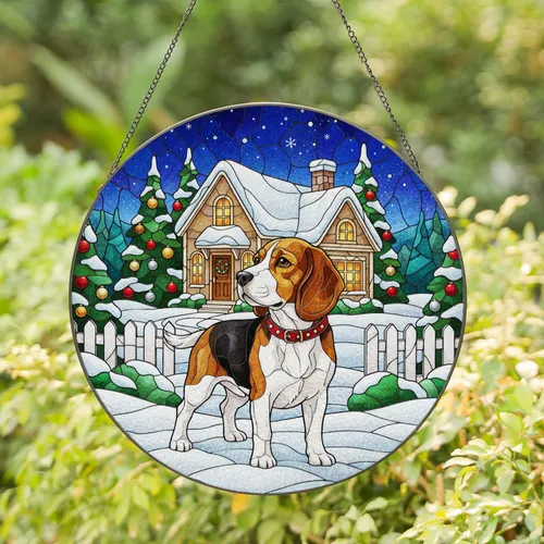 Beagle Dog Snowy House Evergreen Trees Winter Scene Christmas Holiday - Beagle Lover Gift Stained Glass Suncatcher