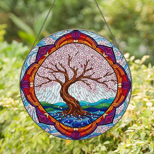 Cherry Blossom Tree Pink Petals Water Scene Floral Frame - Home Decor Gift Stained Glass Suncatcher