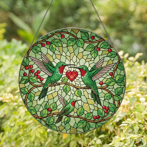 Hummingbird Family Ruby Heart Branch - Home Decor Gift for Bird Lovers & Nature Fans Stained Glass Suncatcher
