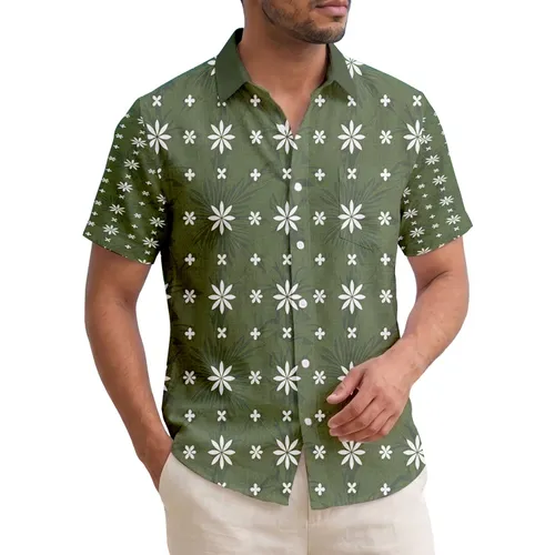 White Floral Diamonds Polynesian Starburst Palm Fronds Ocean Waves Tapa Cloth Home Decor Gift Hawaiian Shirt