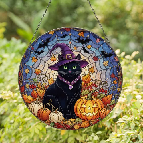 Black Cat Witch Hat Jack-o-lantern - Halloween Home Decor Gift for Cat Lover Stained Glass Suncatcher
