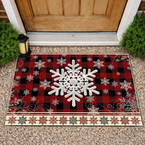 White Silver Snowflake Red Black Buffalo Plaid - Winter Home Decor Gift Doormat