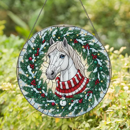 White Pony Christmas Sweater Wreath Snowflakes - Christmas Gift for Pony Lover Stained Glass Suncatcher