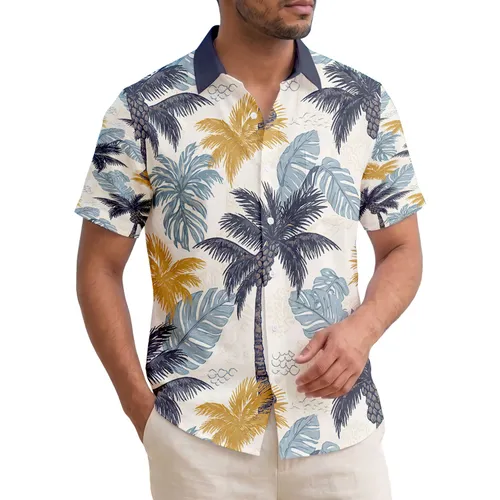Coconut Palm Trees Textured Trunks Broad Tropical Leaves - Island Getaway Gift Hawaiian Shirt