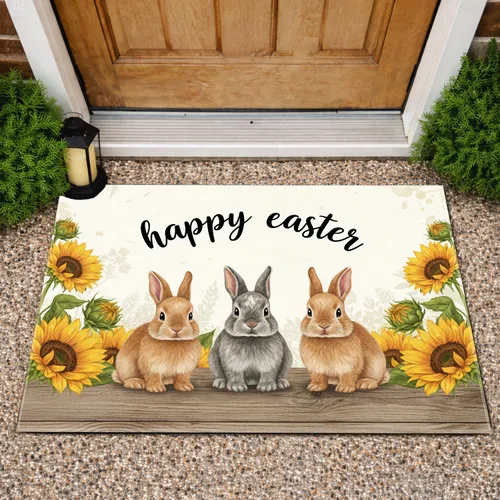 Baby Bunnies Sunflowers Happy Easter - Spring Farmhouse Holiday Home Decor Doormat