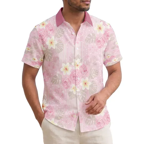 Pink Hibiscus Plumeria Roses Monstera Palm Vertical Stripes Polka Dots Home Decor Gift Hawaiian Shirt