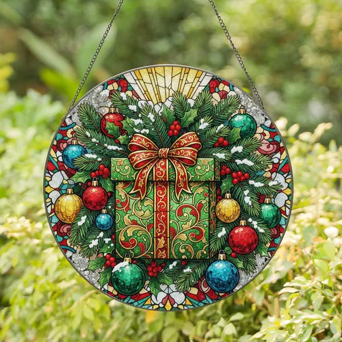 Christmas Gift Box Pine Holly Red Ornaments Swirling Snowflakes - Holiday Decor Gift Stained Glass Suncatcher
