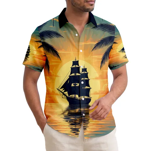Tall Ship Ocean Sunset Palm Trees - Ocean Lover Gift Hawaiian Shirt