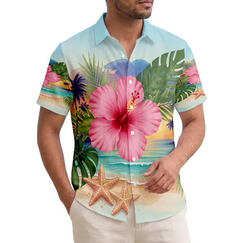 Pink Hibiscus Tropical Sunset Beach Palm Trees Starfish - Home Decor Gift Hawaiian Shirt