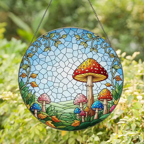 Speckled Mushroom Forest Scene Home Decor Gift for Nature Lovers Stained Glass Suncatcher