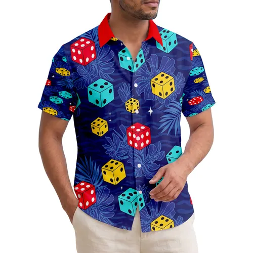 Scattered Dice Tropical Palm Fronds Hibiscus Flowers - Casual Island Lifestyle Gift Hawaiian Shirt