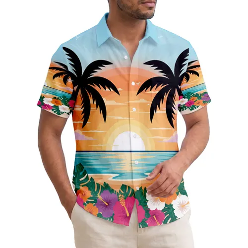 Black Palm Tree Tropical Sunset Hibiscus - Beach Vacation Gift Hawaiian Shirt