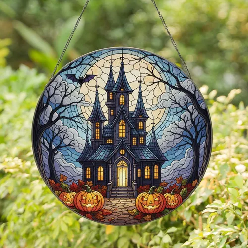 Haunted House Jack-O'-Lantern Bat Moon - Halloween Home Decor Gift Stained Glass Suncatcher