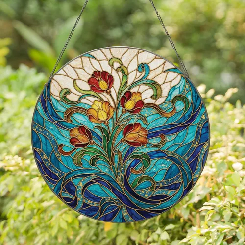 Blooming Flowers Turquoise Gold White Marble - Home Decor Gift for Living Space Stained Glass Suncatcher