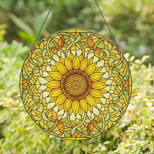 Sunflower Petals Swirling Vines Leaf Floral Elements Geometric Shapes - Home Decor Gift Stained Glass Suncatcher