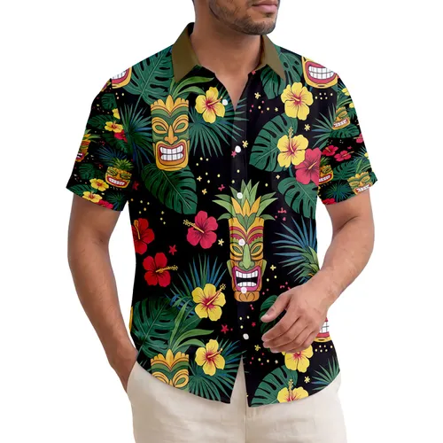 Grinning Tiki Masks Hibiscus Flowers Palm Leaves Jungle Foliage - Tropical Home Decor Gift Hawaiian Shirt