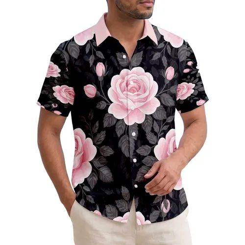 Pink Roses Botanical Leaves - Tropical Everyday Wear Gift for Rose Lover Hawaiian Shirt