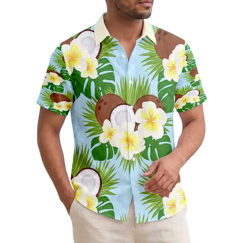 Tropical Brown Coconuts White Plumeria Green Leaves - Beach House Decor Hawaiian Shirt