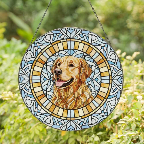 Golden Retriever Dog Ornate Ring Pale Blue Glass - Dog Lover Home Decor Gift Stained Glass Suncatcher