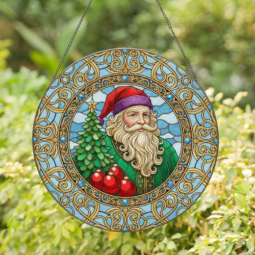 Red Hat Green Coat Santa Christmas Tree Ornaments - Christmas Home Decor Gift for Family Stained Glass Suncatcher