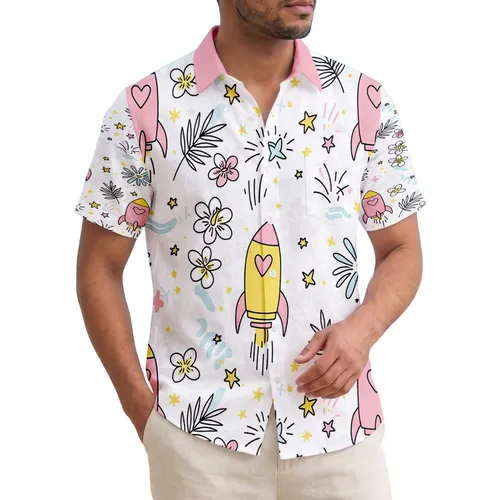 Rockets Starbursts Palm Fronds Plumeria Hibiscus Waves - Tropical Vacation Lifestyle Gift Hawaiian Shirt