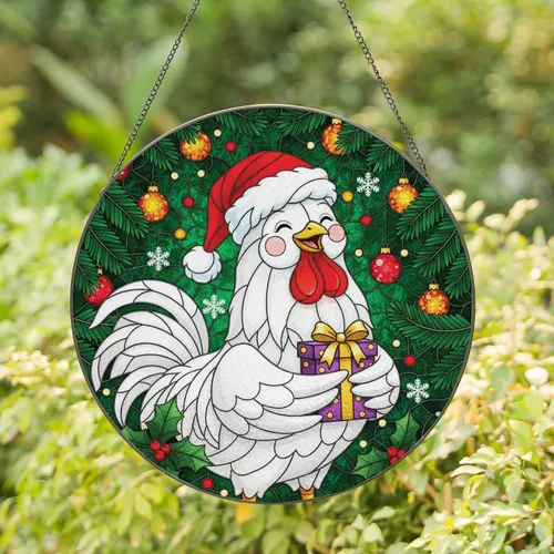 White Rooster Santa Hat Holly Snowflakes Gift Box - Christmas Holiday Rooster Lover Gift Stained Glass Suncatcher