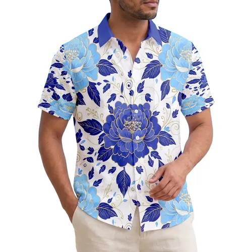 White Background Blue Peony Hibiscus Gold Outlines Indigo Leaves - Tropical Lifestyle Gift Hawaiian Shirt