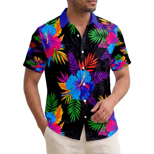 Dense Hibiscus Floral Tropical Leaves Black Background Tropical Lifestyle Gift Hawaiian Shirt