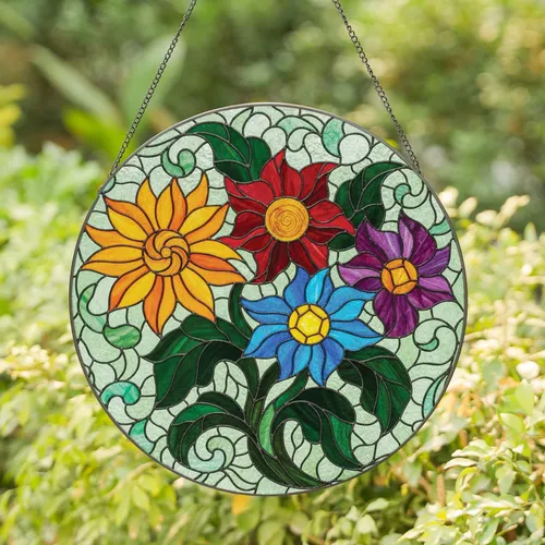 Four Flowers Radiating Petals Dark Green Leaves Mosaic Swirls - Home Decor Gift Stained Glass Suncatcher