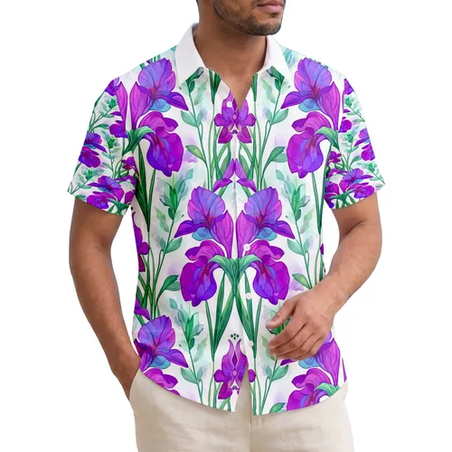 Vibrant Purple Magenta Teal Orchid Iris Tropical Flowers Botanical Leaves - Home Decor Gift Hawaiian Shirt