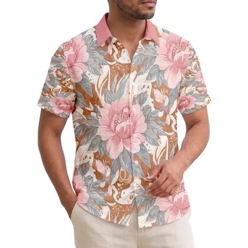 Tropical Pink Peach Open Petal Rose Peony Flowers Grey Green Leaves Buds - Home Decor Gift Hawaiian Shirt