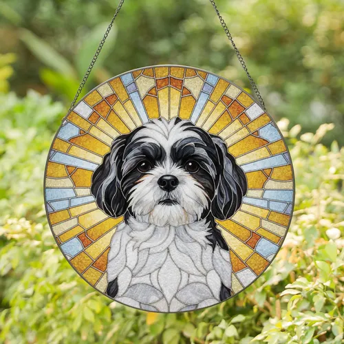 Fluffy Black White Shih Tzu Dog - Home Decor Gift for Pet Owners, Housewarming Stained Glass Suncatcher