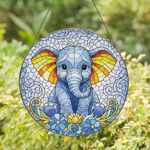 Baby Elephant Blue Eyes Curled Trunk Blue Yellow Flowers - Home Decor Gift for Elephant Lover Stained Glass Suncatcher