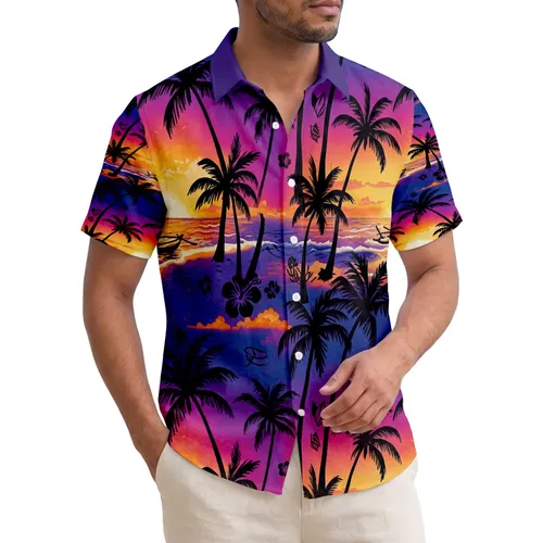 Coconut Palm Trees Outrigger Canoe Sandy Shore Ocean Sunset - Travel Essentials Gift Hawaiian Shirt