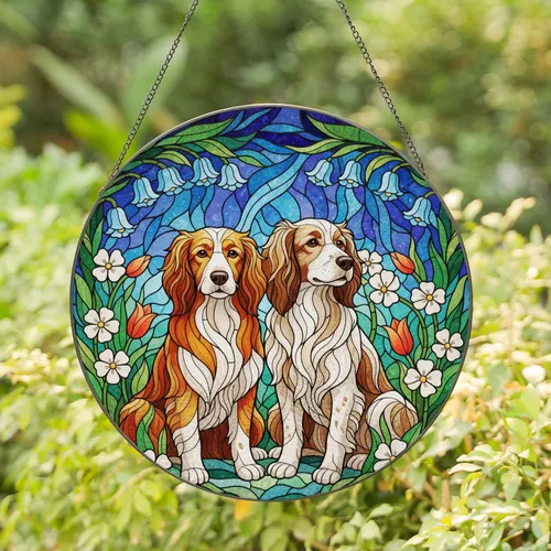 Friendly Dogs Floral Mosaic Stained Glass - Home Decor Gift for Dog Lovers Stained Glass Suncatcher