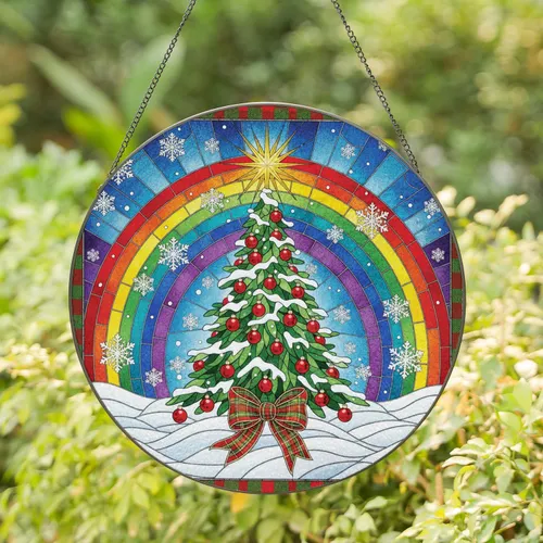 Decorated Christmas Tree Golden Star Rainbow Arch Plaid Border - Holiday Decor Gift Stained Glass Suncatcher