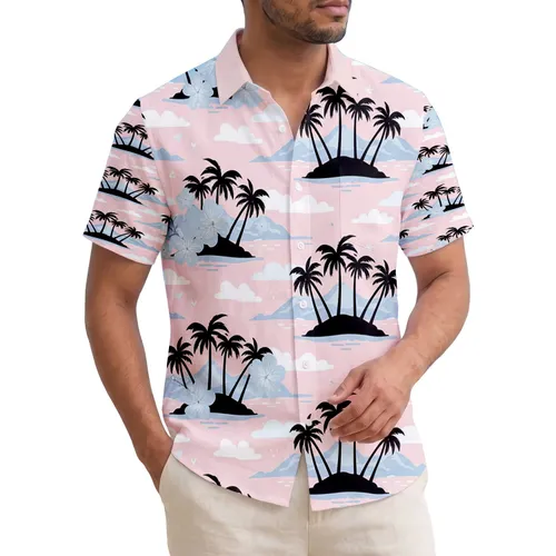 Black Palm Trees Sailboat Mountains Flowers - Tropical Island Vacation Lifestyle Hawaiian Shirt
