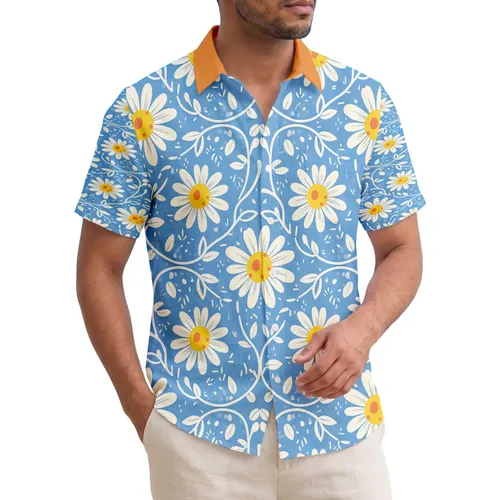 Tropical Daisy Flowers Red Dots Leafy Vines Leaves - Summer Beach Vacation Cruise Trip Hawaiian Shirt