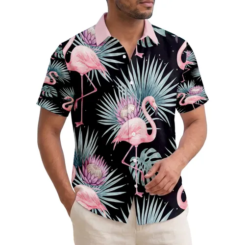 Pink Flamingos Protea Flowers Palm Leaves - Tropical Lifestyle Gift for Flamingo Lover Hawaiian Shirt