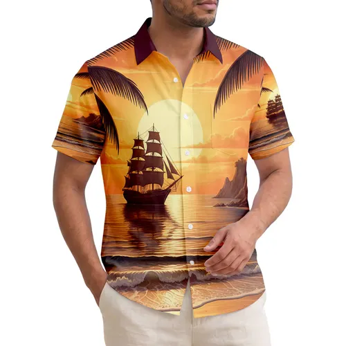 Tropical Tall Ship Golden Sunset Palm Trees - Hawaiian Lifestyle Home Decor Gift Hawaiian Shirt