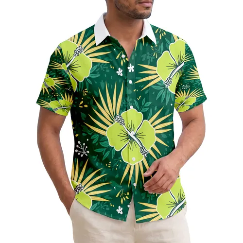 Hawaiian Hibiscus Golden Leaves Tropical Foliage Forest Background - Home Decor Gift Hawaiian Shirt