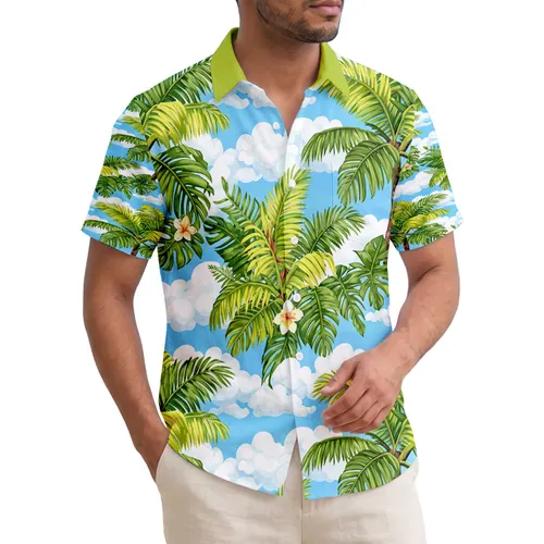 Green Palm Fronds White Clouds Blue Sky - Travel Essentials Home Decor Gift for Beach Lovers Hawaiian Shirt