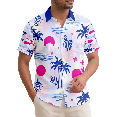 Fuchsia Sun Palm Tree Mountain Leaf Water - Tropical Travel Gift Hawaiian Shirt