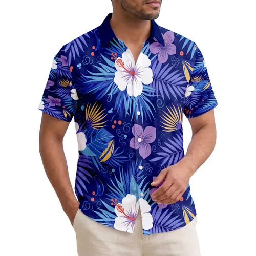 White Hibiscus Purple Flowers Blue Palm Yellow Leaves Deep Navy Background - Home Decor Gift Hawaiian Shirt