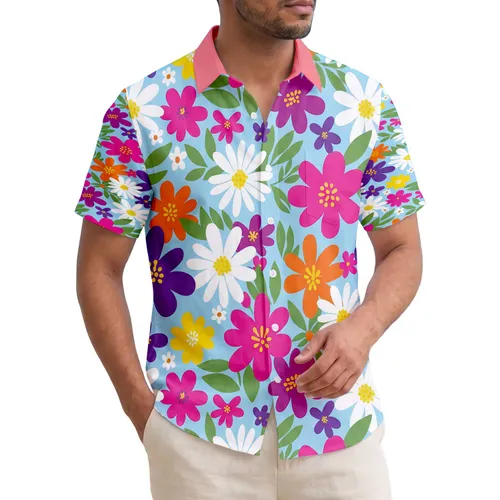 Lush Tropical Daisy Repeat Floral Green Leaves Sky Blue Scene - Vacation Travel Hawaiian Shirt