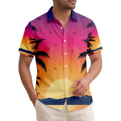 Tropical Palm Trees Sunset Ocean Mountains Birds - Vacation Beach Lover Gift Hawaiian Shirt