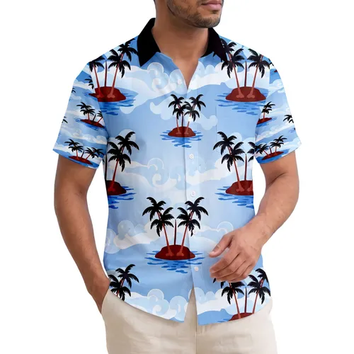 Tropical Island Palm Trees Ocean Waves Clouds Sky - Summer Vacation Travel Essentials Hawaiian Shirt